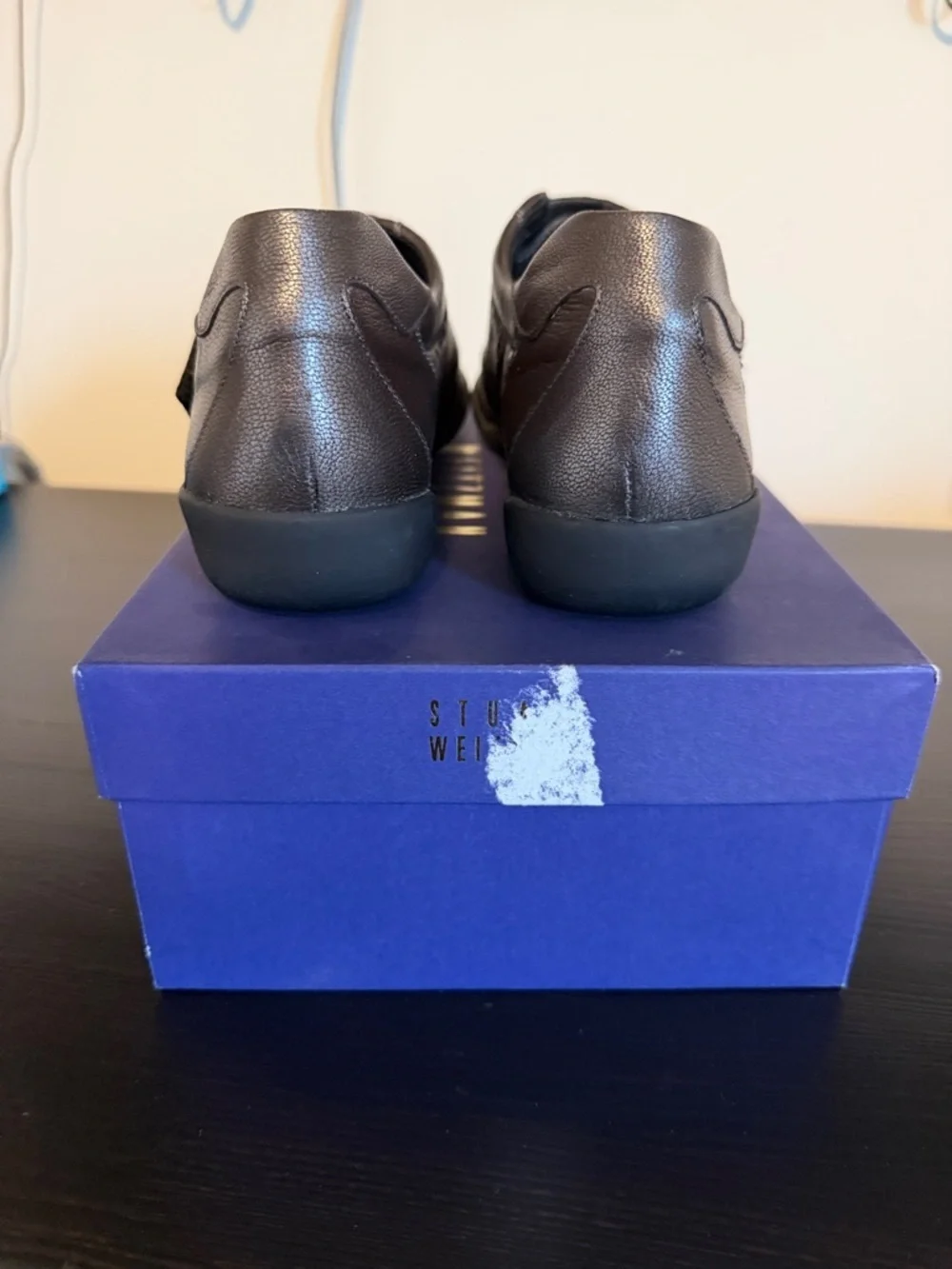 Stuart Weitzman Women’s Black Leather Slip-On Sneakers with Velcro Straps